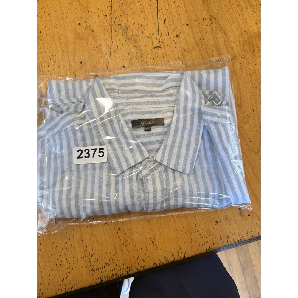 Quince 100% Linen XL Light Blue White Striped Short Sleeve Button Down Shirt - Picture 6 of 6